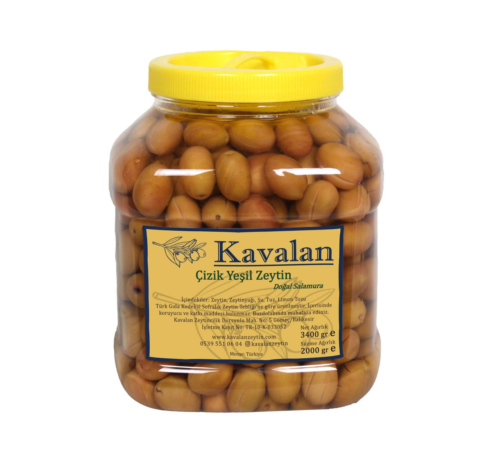 2 Kg Süzme Ağırlık - Domat Çizik Yeşil Zeytin Doğal Salamura 3000cc