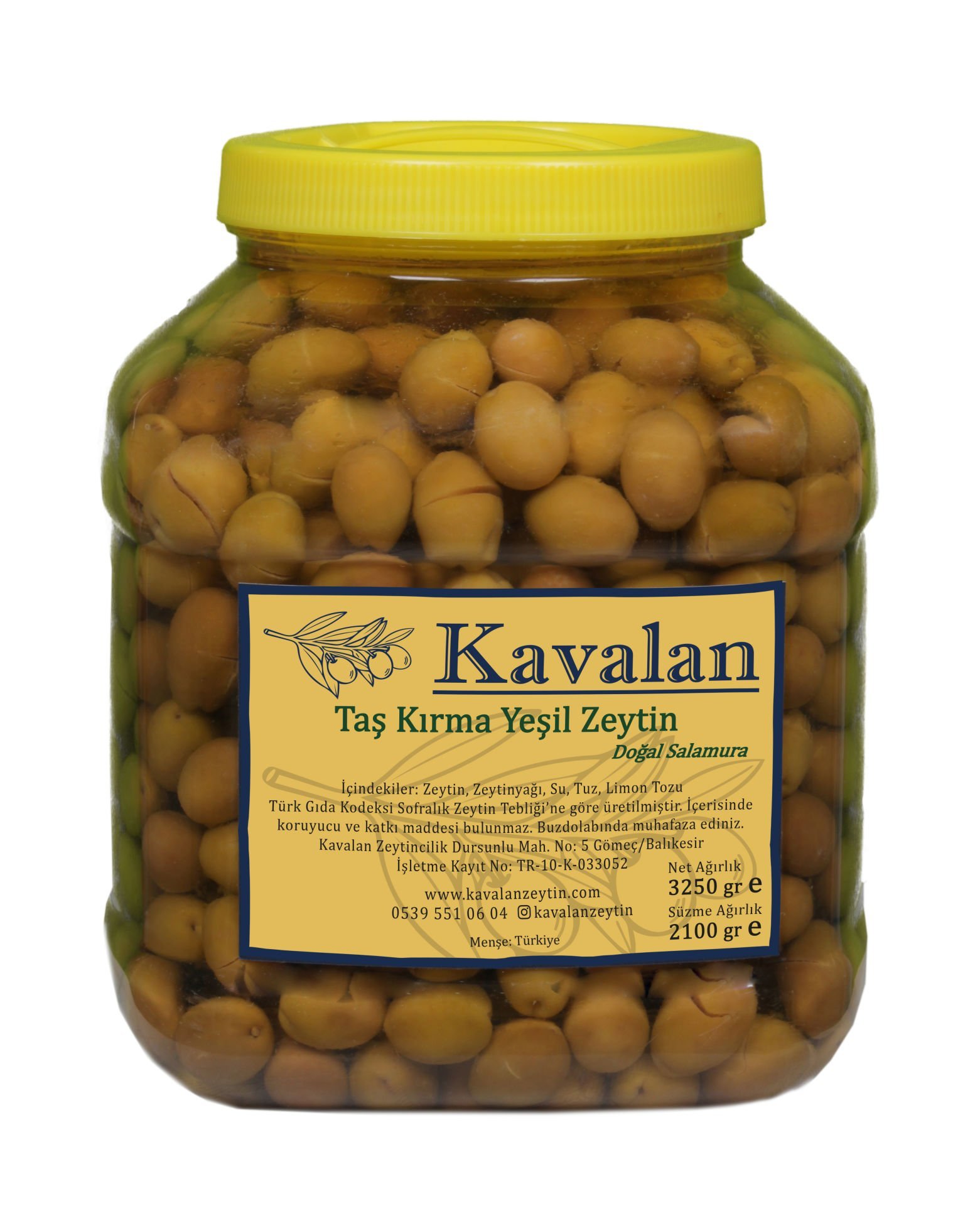 İyi Tarım Uyg. Yeni Sezon 2025-26 / 2100 gr Süzme Ağırlık - Ayvalık Taş Kırma Yeşil Zeytin Doğal Salamura 3000cc