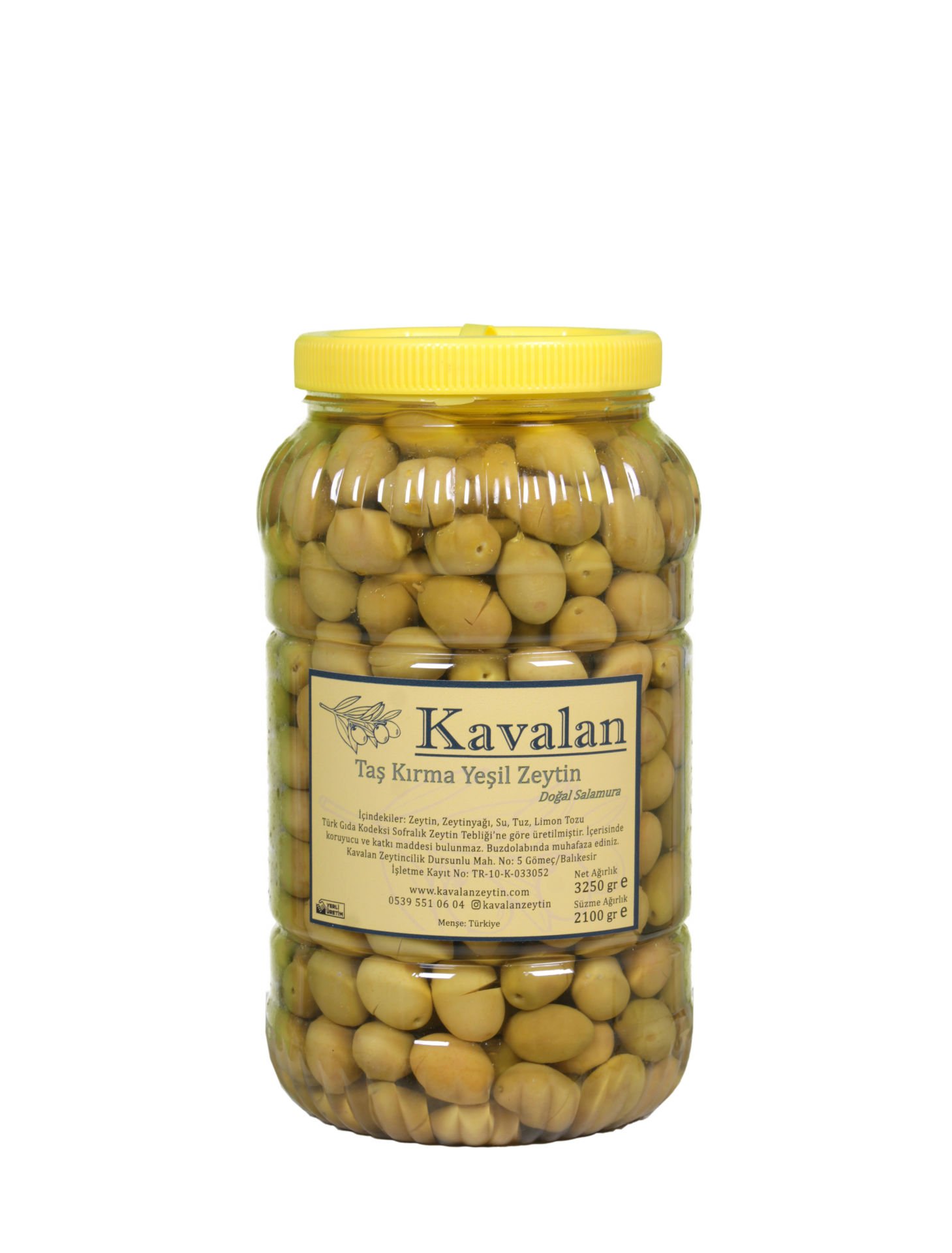 2100 gr Süzme Ağırlık - Domat Taş Kırma Yeşil Zeytin Doğal Salamura 3000cc